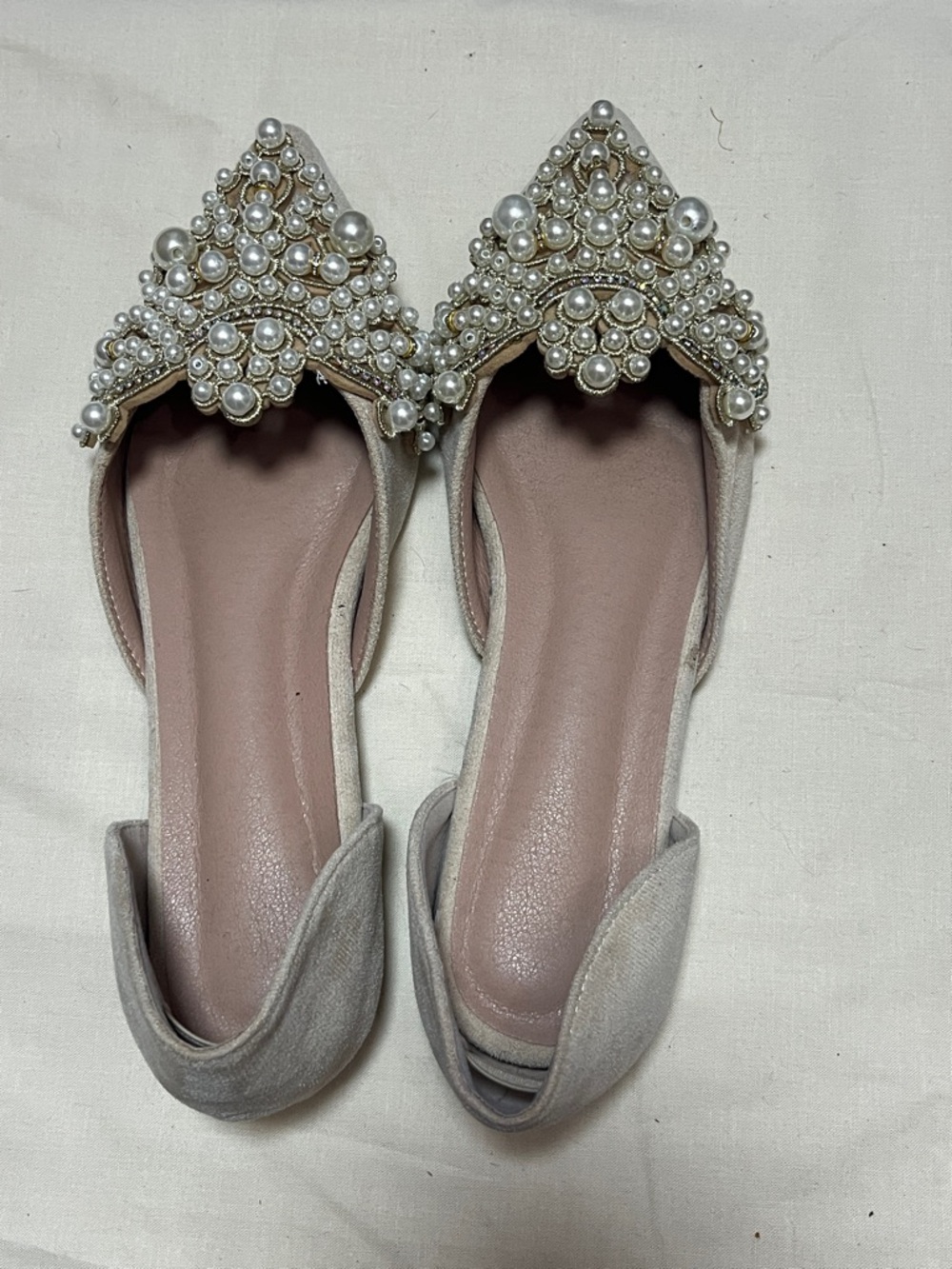 Embellished Pointed Flats in Ivory